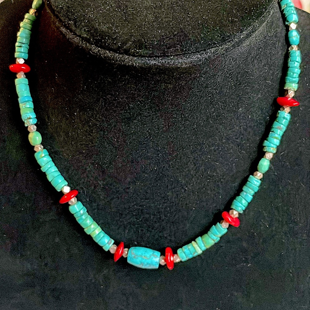 Turquoise, Coral and Thai Silver Necklace